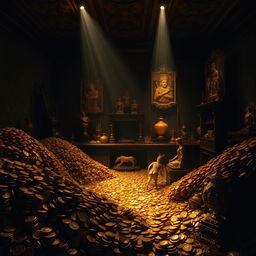 A dark room filled with piles of shimmering gold coins and golden artifacts
