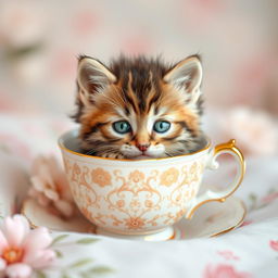 A charming scene featuring a cute kitten snugly nestled in a delicate teacup, surrounded by soft pastel colors and floral patterns