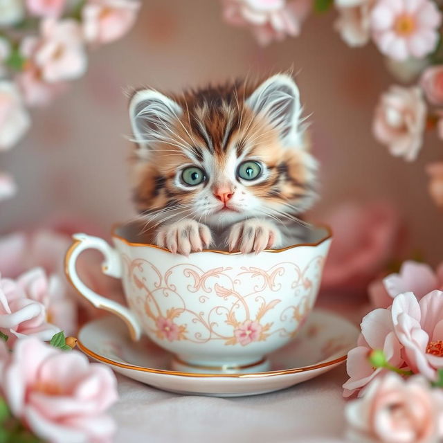 A charming scene featuring a cute kitten snugly nestled in a delicate teacup, surrounded by soft pastel colors and floral patterns