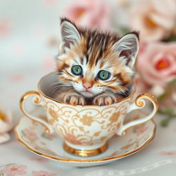 A charming scene featuring a cute kitten snugly nestled in a delicate teacup, surrounded by soft pastel colors and floral patterns