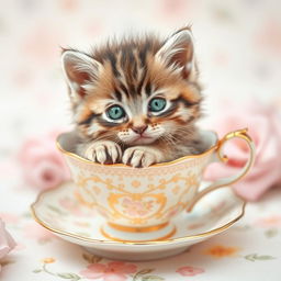A charming scene featuring a cute kitten snugly nestled in a delicate teacup, surrounded by soft pastel colors and floral patterns