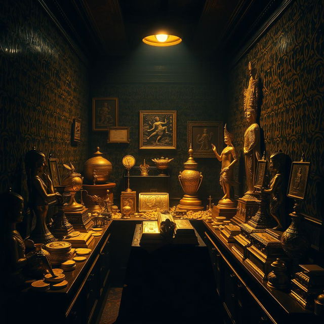 A dimly lit room filled with glimmering gold artifacts and treasures, including gold coins, ornate statues, and shimmering gold bars