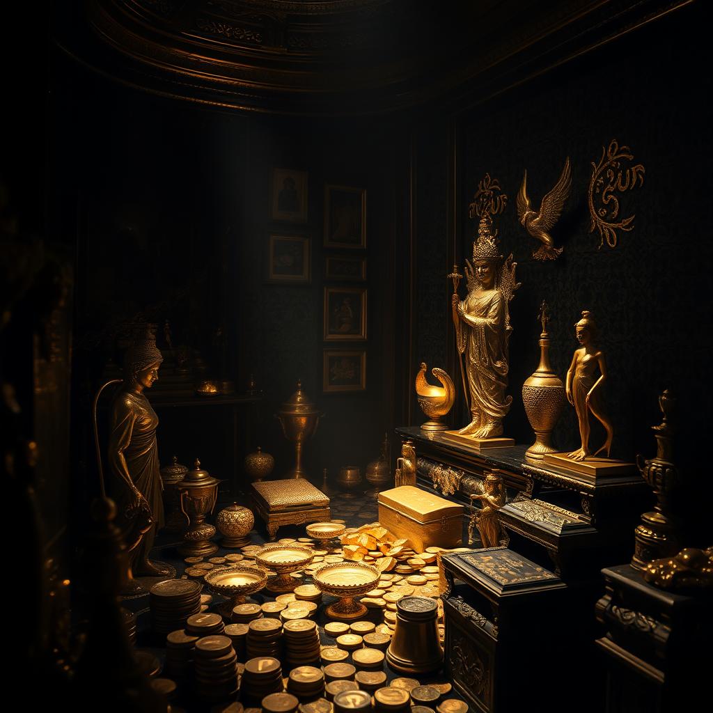 A dimly lit room filled with glimmering gold artifacts and treasures, including gold coins, ornate statues, and shimmering gold bars