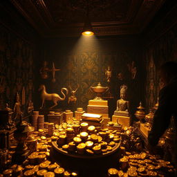 A dimly lit room filled with glimmering gold artifacts and treasures, including gold coins, ornate statues, and shimmering gold bars