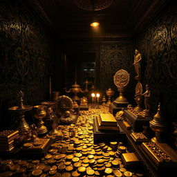 A dimly lit room filled with glimmering gold artifacts and treasures, including gold coins, ornate statues, and shimmering gold bars
