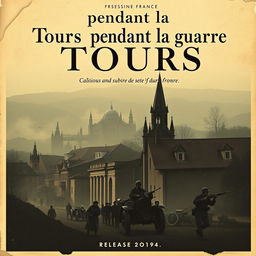 Create a vintage film poster for the 1940 movie "Tours pendant la guerre" showcasing the essence of wartime France
