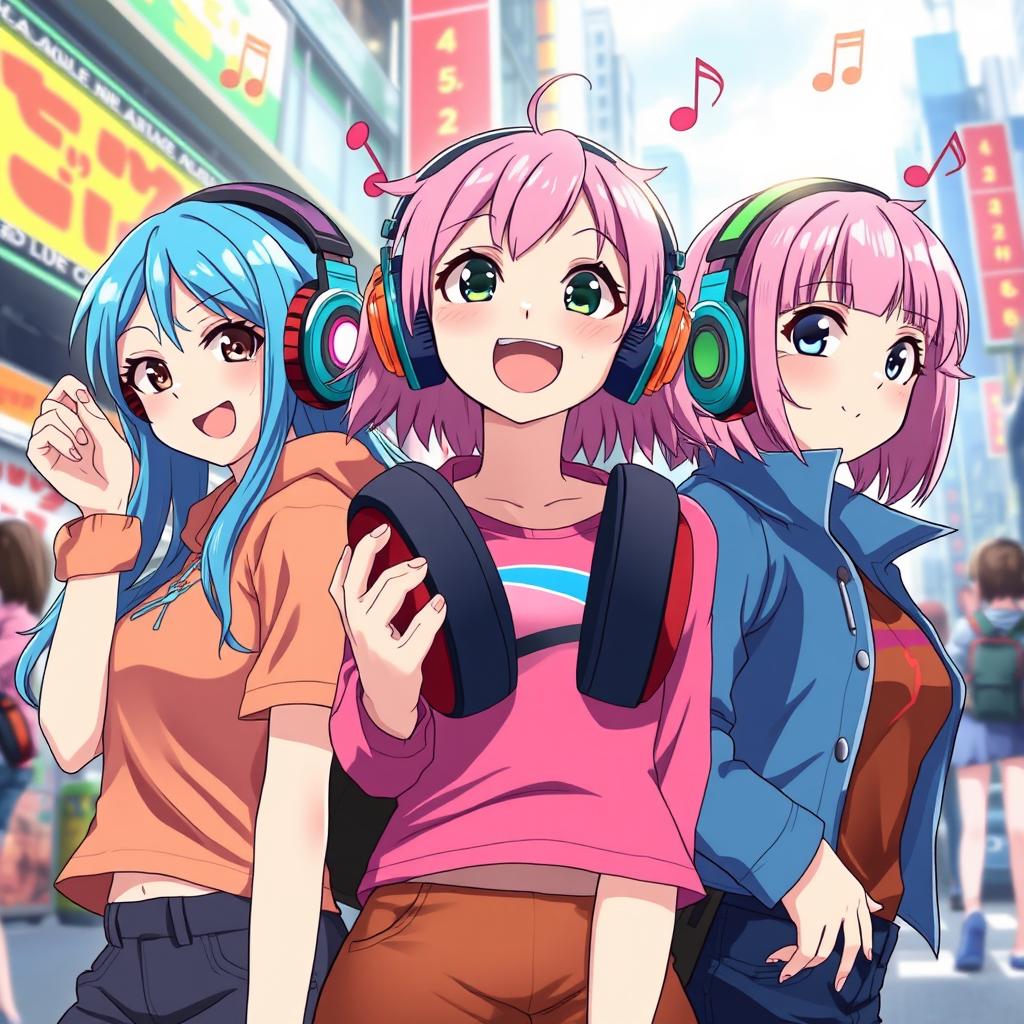 A vibrant and colorful anime scene featuring stylish anime girls wearing oversized headphones