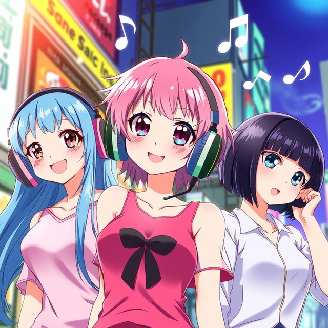 A vibrant and colorful anime scene featuring stylish anime girls wearing oversized headphones