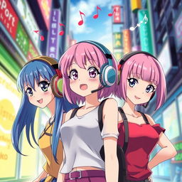 A vibrant and colorful anime scene featuring stylish anime girls wearing oversized headphones
