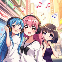A vibrant and colorful anime scene featuring stylish anime girls wearing oversized headphones