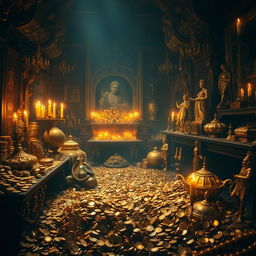 A dark room overflowing with glimmering gold coins and luxurious golden artifacts