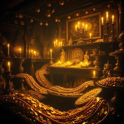 A dark room overflowing with glimmering gold coins and luxurious golden artifacts