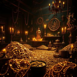 A dark room overflowing with glimmering gold coins and luxurious golden artifacts