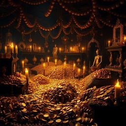 A dark room overflowing with glimmering gold coins and luxurious golden artifacts