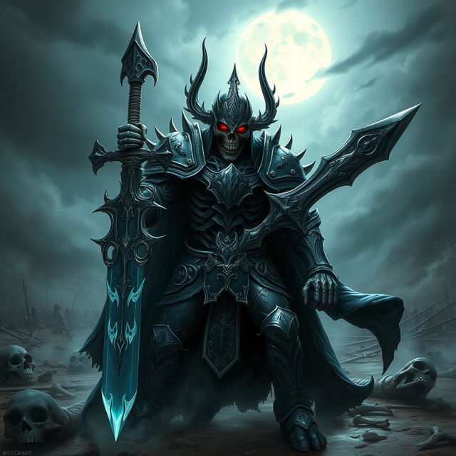 A formidable death knight, clad in intricately detailed dark armor that gleams ominously under a pale moonlight