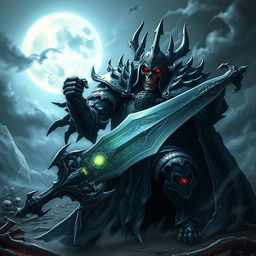 A formidable death knight, clad in intricately detailed dark armor that gleams ominously under a pale moonlight