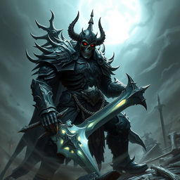 A formidable death knight, clad in intricately detailed dark armor that gleams ominously under a pale moonlight