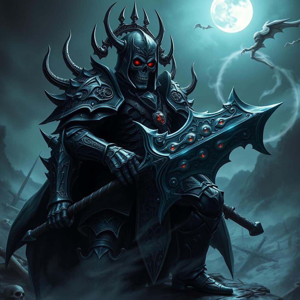 A formidable death knight, clad in intricately detailed dark armor that gleams ominously under a pale moonlight