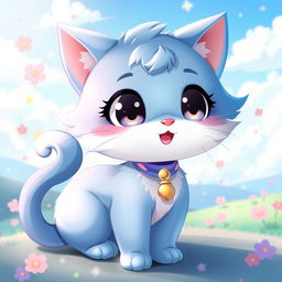 A cute and whimsical blue cat character in an anime style, featuring big expressive eyes and a playful pose