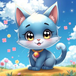 A cute and whimsical blue cat character in an anime style, featuring big expressive eyes and a playful pose