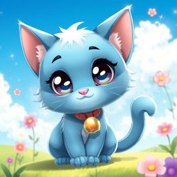 A cute and whimsical blue cat character in an anime style, featuring big expressive eyes and a playful pose