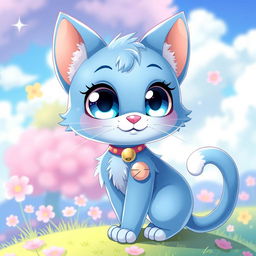 A cute and whimsical blue cat character in an anime style, featuring big expressive eyes and a playful pose