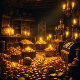 A stunning game wallpaper depicting a dark room filled with an abundance of gold coins, treasure chests, and luxurious golden artifacts