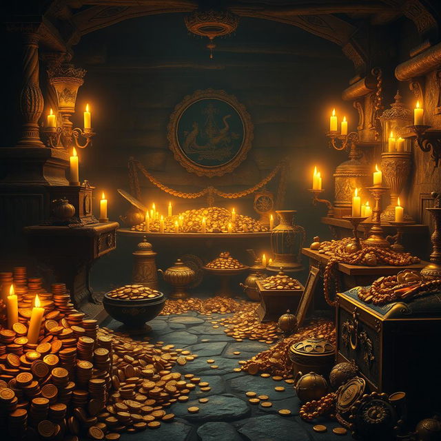 A stunning game wallpaper depicting a dark room filled with an abundance of gold coins, treasure chests, and luxurious golden artifacts