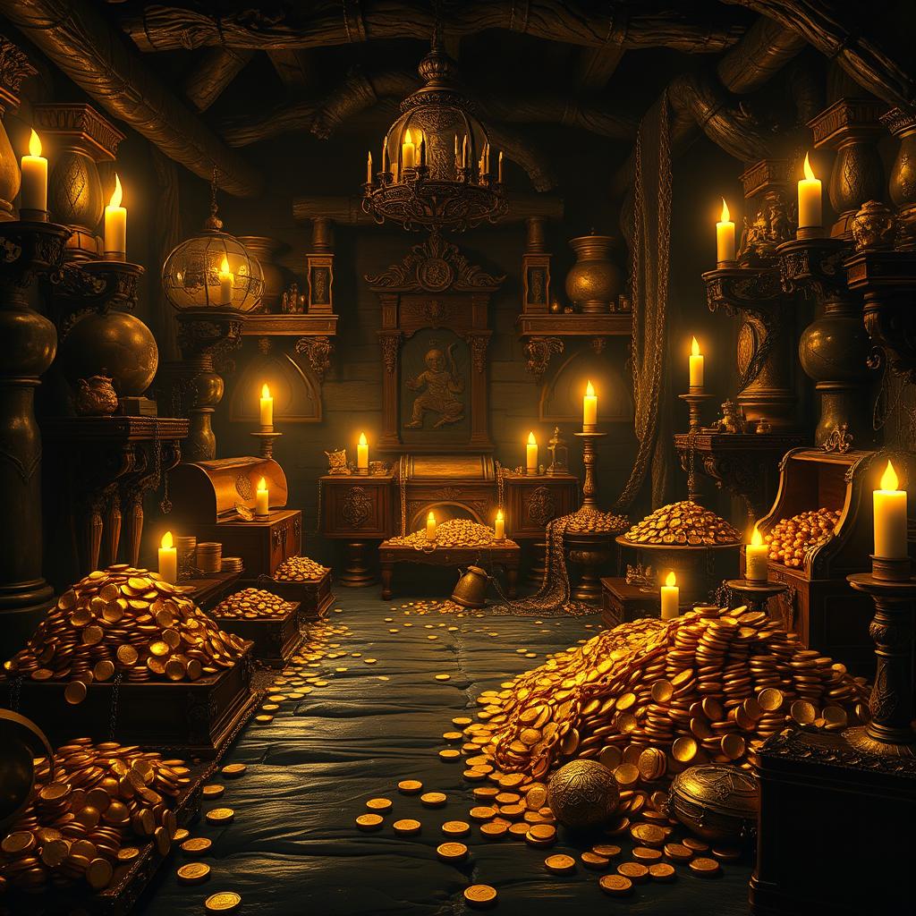 A stunning game wallpaper depicting a dark room filled with an abundance of gold coins, treasure chests, and luxurious golden artifacts