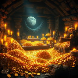 A stunning game wallpaper depicting a dark room filled with an abundance of gold coins, treasure chests, and luxurious golden artifacts