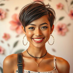 A portrait of a fashionable young woman with striking short hair, exuding confidence and style