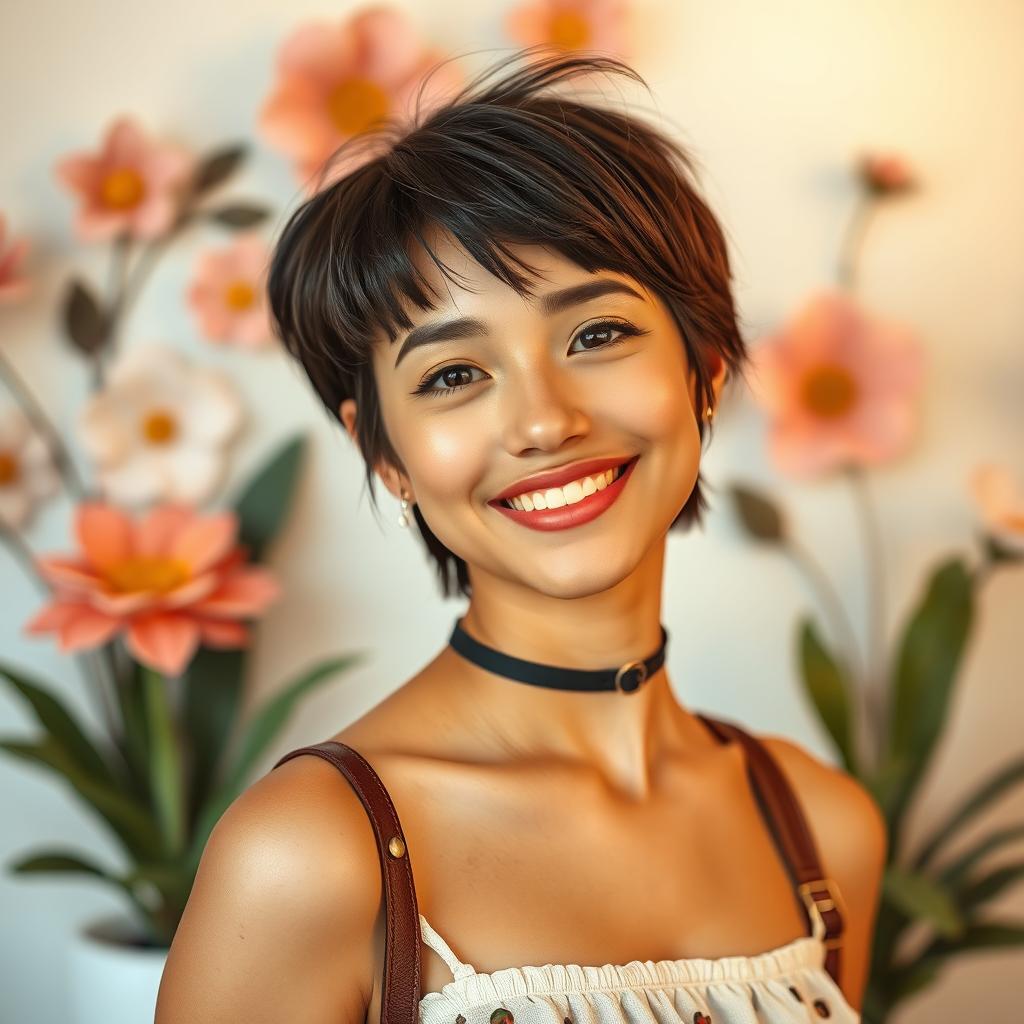 A portrait of a fashionable young woman with striking short hair, exuding confidence and style