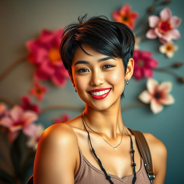 A portrait of a fashionable young woman with striking short hair, exuding confidence and style