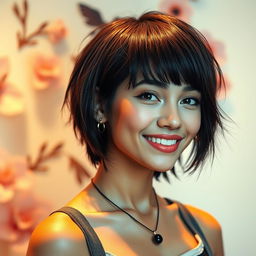 A portrait of a fashionable young woman with striking short hair, exuding confidence and style