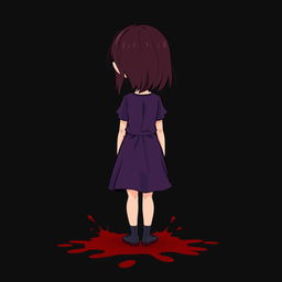 A cartoon-style image of a 10-year-old girl with shoulder-length deep maroon hair wearing a purple dress, standing with her back to the viewer