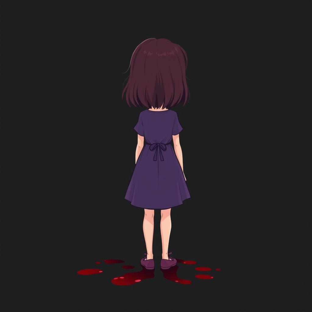 A cartoon-style image of a 10-year-old girl with shoulder-length deep maroon hair wearing a purple dress, standing with her back to the viewer