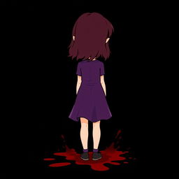 A cartoon-style image of a 10-year-old girl with shoulder-length deep maroon hair wearing a purple dress, standing with her back to the viewer