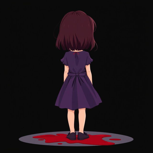 A cartoon-style image of a 10-year-old girl with shoulder-length deep maroon hair wearing a purple dress, standing with her back to the viewer