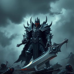 A fearsome death knight, clad in intricately designed dark armor, stands ominously amidst a misty battlefield