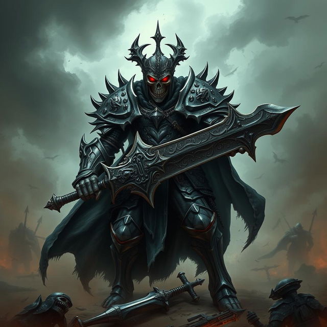 A fearsome death knight, clad in intricately designed dark armor, stands ominously amidst a misty battlefield