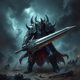 A fearsome death knight, clad in intricately designed dark armor, stands ominously amidst a misty battlefield