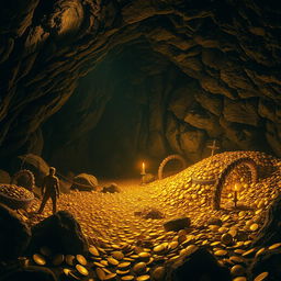 A captivating scene of a dark cave filled with glimmering gold