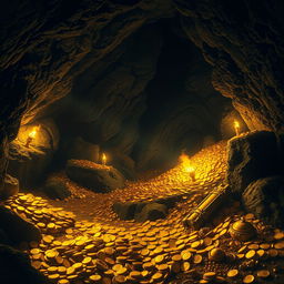 A captivating scene of a dark cave filled with glimmering gold