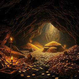A captivating scene of a dark cave filled with glimmering gold