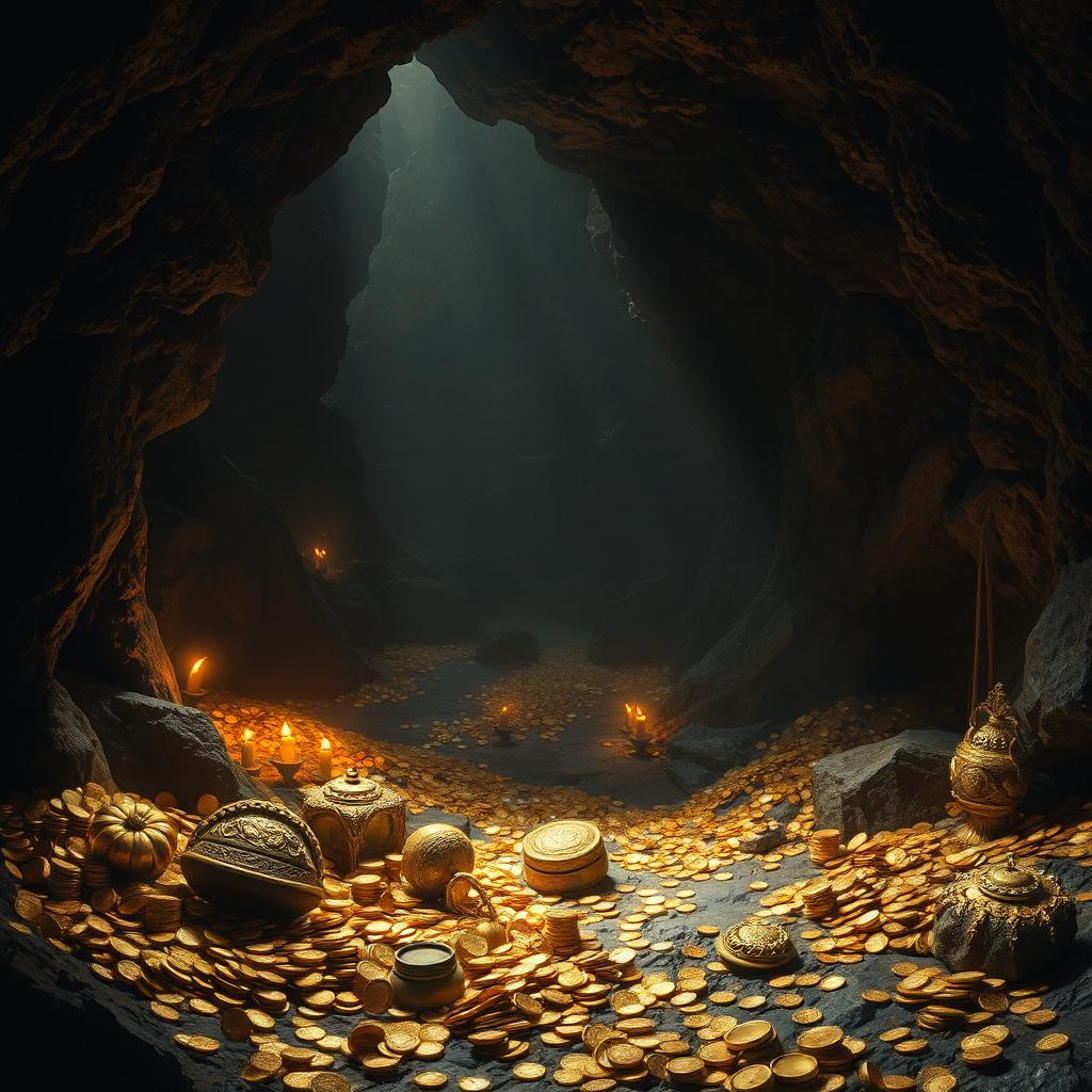 A captivating scene of a dark cave filled with glimmering gold