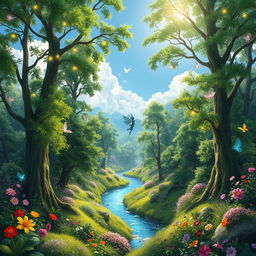 A vibrant and enchanting Neverland forest, filled with lush greenery, towering trees, and colorful flowers