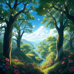 A vibrant and enchanting Neverland forest, filled with lush greenery, towering trees, and colorful flowers