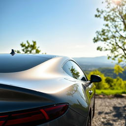 A sleek, modern car parked in a scenic location, highlighting its rear design