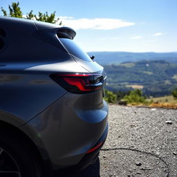 A sleek, modern car parked in a scenic location, highlighting its rear design