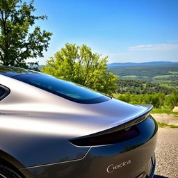 A sleek, modern car parked in a scenic location, highlighting its rear design